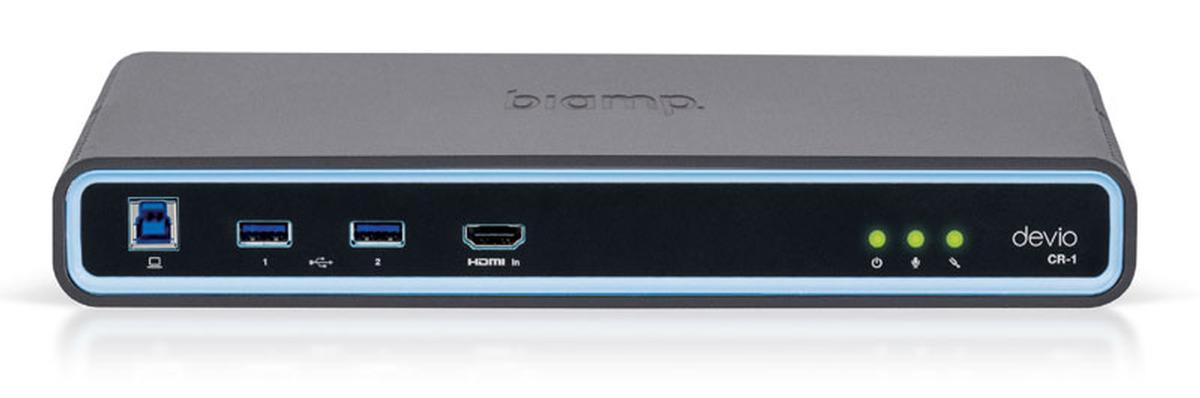 Biamp Devio CR-1C Biamp Devio CR-1C, Devio CR-1C, Biamp, conferencing hub, BYOD conferencing, ceiling microphone, huddle room, unified communications, AEC, USB conferencing, Devio, meeting room audio, wireless content sharing, room hub