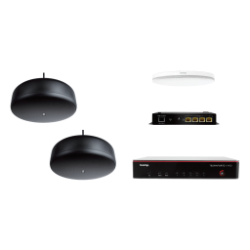 Biamp MRB-M-X400-C-P6SM Biamp MRB-M-X400-C-P6SM, Biamp, TesiraFORTÉ X 400, TesiraFORTE X 400, meeting room bundle, conference room audio, Desono P6-SM low-profile pendant loudspeakers, Parlé microphone, beamtracking, acoustic echo cancellation, Microsoft Teams, Zoom, UC audio, DSP conferencing bundle, ceiling deployment