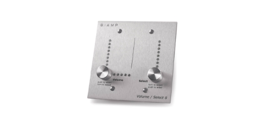 Biamp VOLUME-SELECT-8 Biamp VOLUME-SELECT-8, VOLUME-SELECT-8, volume control, source selector, Biamp wall control, volume and source, remote control bus, DSP volume control, preset selector, retail audio control, hospitality audio, level control, source switch
