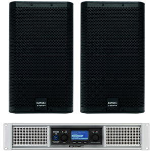 QSC E115 Series System: two E115 passive loudspeakers with a 2-channel amplifier