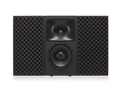 QSC RBK-12 baffle wings kit fitted to an RSC-112 cinema reference monitor loudspeaker