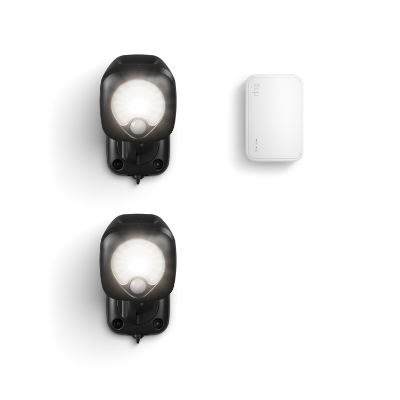 Ring Smart Lighting kit with two black spotlights and the Ring Bridge
