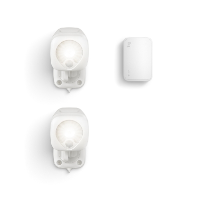 Ring Smart Lighting kit with two white spotlights and the Ring Bridge