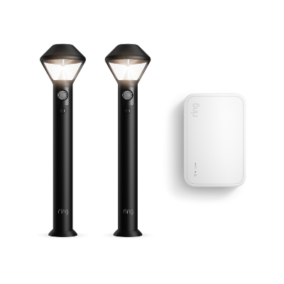 Ring Smart Lighting kit with two battery pathlights and the Ring Bridge
