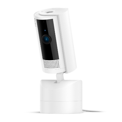 Ring Pan-Tilt Indoor Cam in white on its rotating stand